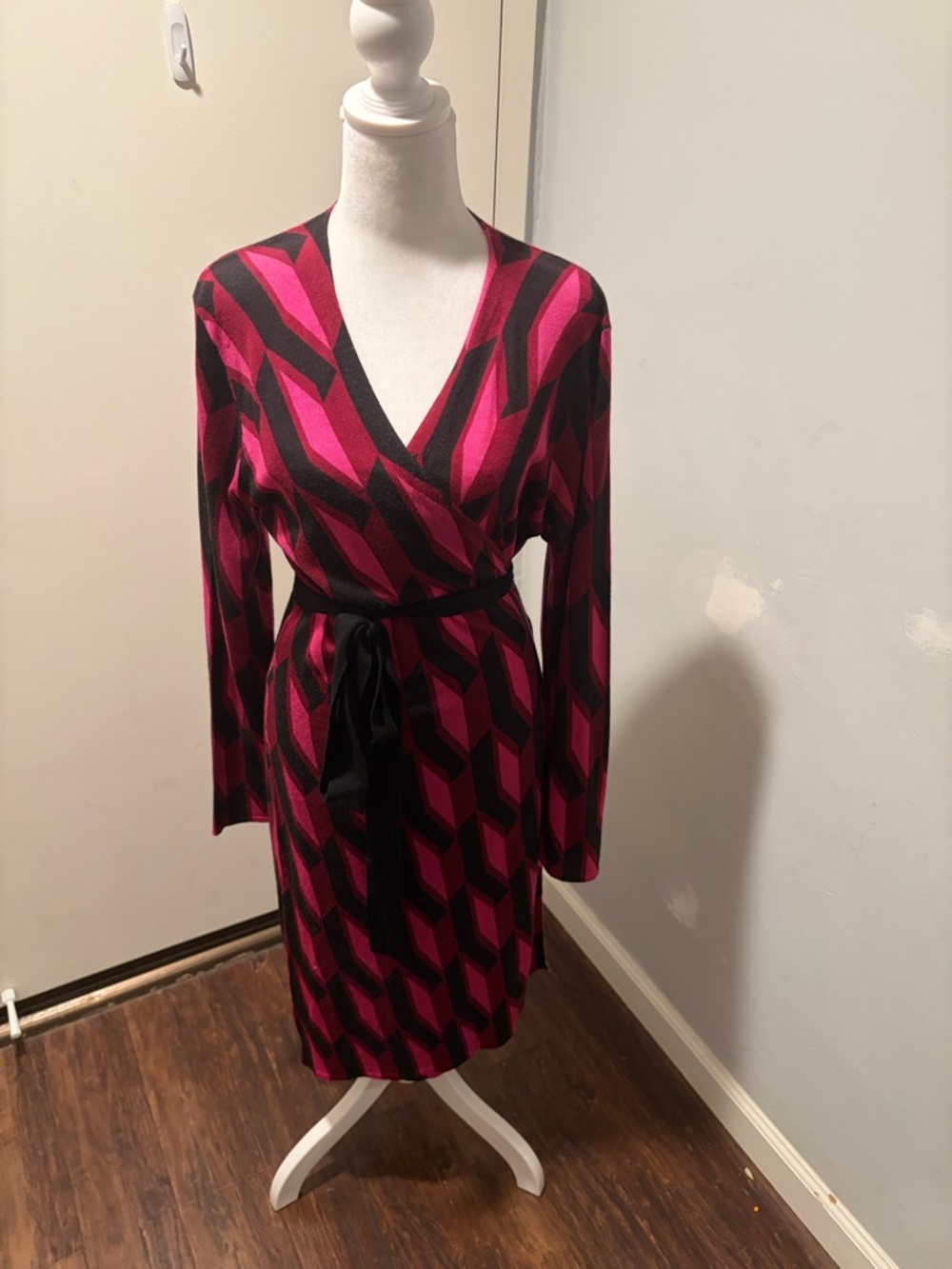Diane Von Furstenberg Pink and Black Geometric Wrap Dress